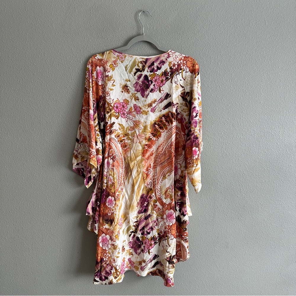 Badgley Mischka Silk Beaded Floral Kaftan Mini Dress Medium - Picture 10 of 16